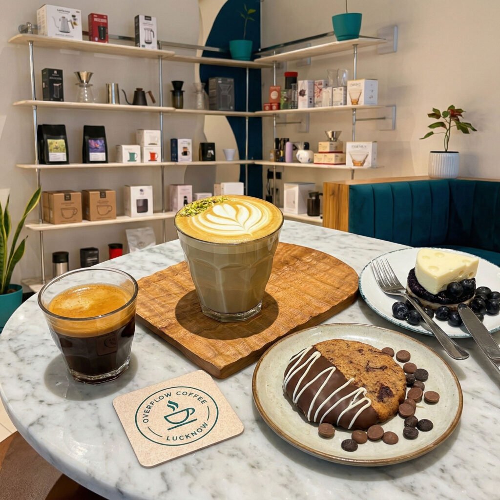 Latte, espresso and chocolate cookie with cheesecake at Overflow Coffee Lucknow showing coffee food pairings