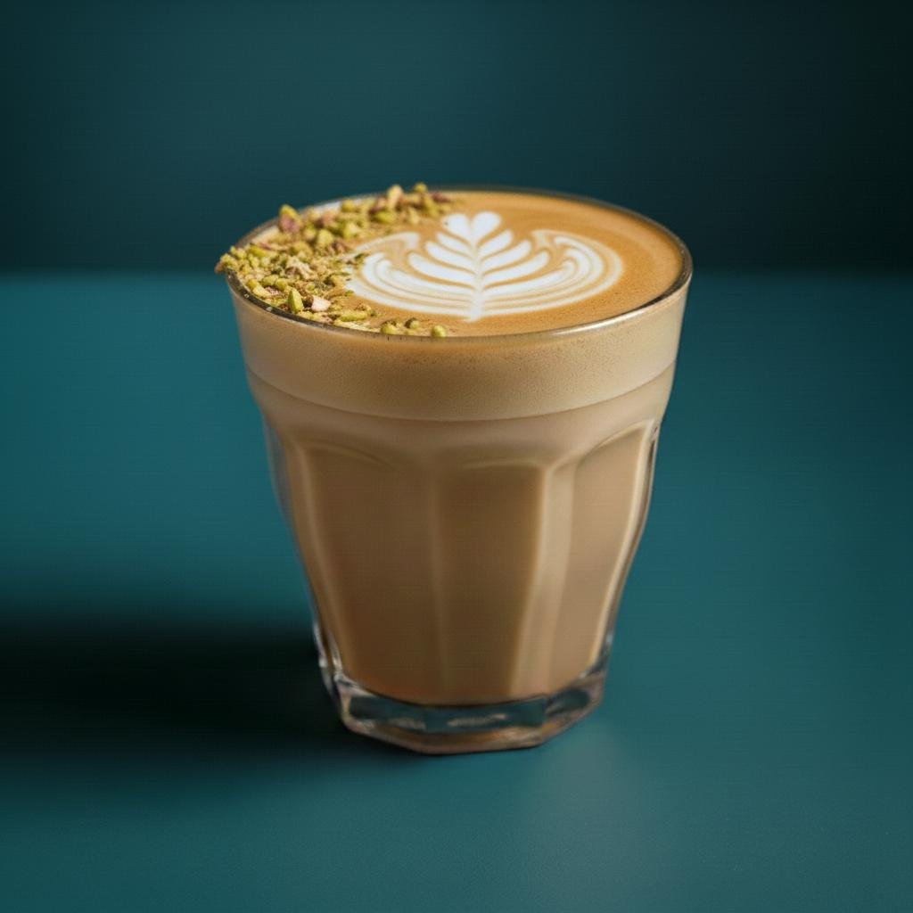 Pistachio latte with latte art served at Overflow Coffee, a specialty cafe in Lucknow